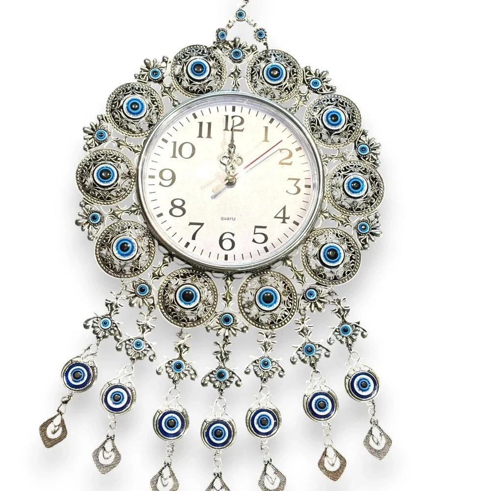 Evil Eye Wall Clock Silver Tone Filigree Nazar Beads Quartz Boho Decor 17.5in